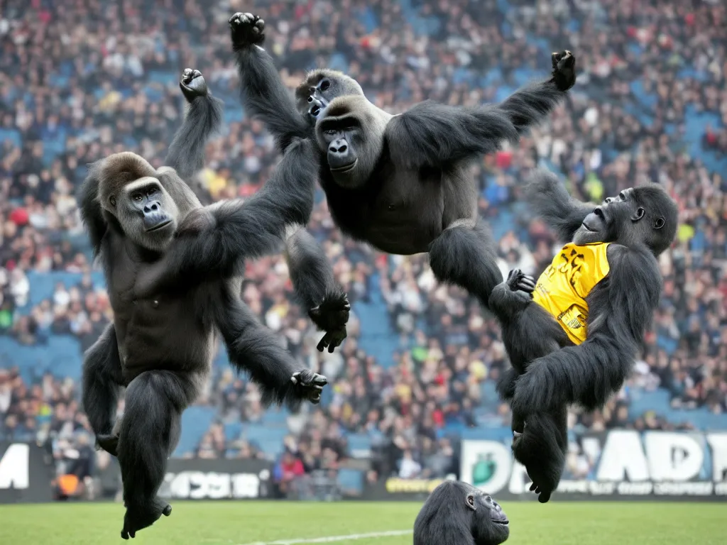 Image similar to a gorilla jumping to head the ball on a corner kick, vivid