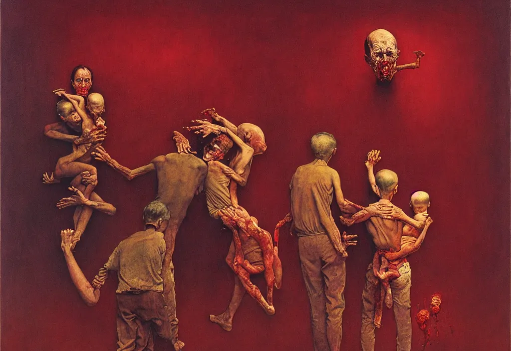 Image similar to A Norman Rockwell painting of a family losing their grip on reality, horror, blood red, cosmic horror, by Zdzisław Beksiński and Norman Rockwell, cinematic, 8k