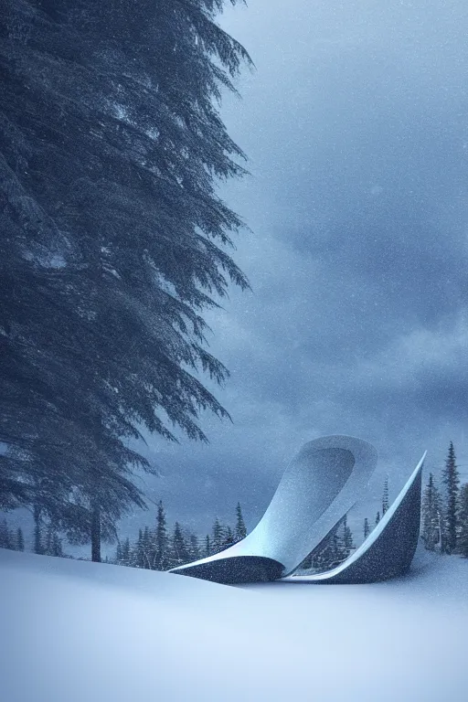 Image similar to a futuristic scene in front of a zaha hadid building in the forrest of the french alps in the style of chris moore, stormy weather, cinematic matte painting, extreme detail photo quality, soft colors, snowfall, featured on behance