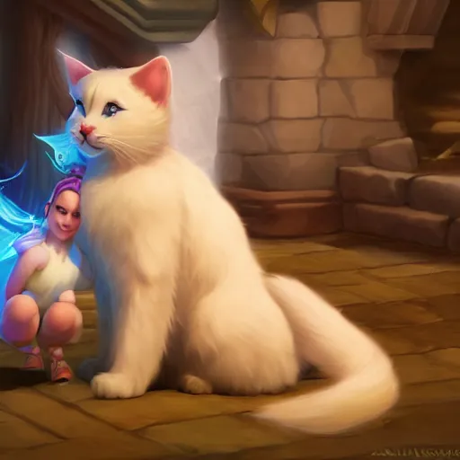 Image similar to jaina proudmoore pets a white kitty, world of warcraft, digital art, dmitry prozorov style, artstation, cute, happy, extremely detailed, volumetric lighting, ultra quality, 8 k