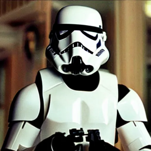 Image similar to female supermodel with stormtrooper helmet and white bikini, style of 8 0 s movie poster
