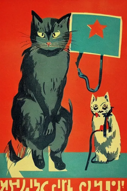 Prompt: “Soviet propaganda poster with a working hero cat”