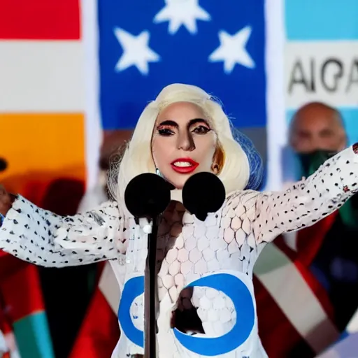 Image similar to Lady Gaga as president, Argentina presidential rally, Argentine flags behind, bokeh, giving a speech, detailed face, Argentina