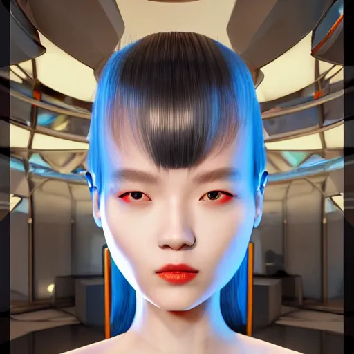 Prompt: futuristic korean inspired avant-garde art, deco fashion, highly detailed, photorealistic portrait, bright studio setting, studio lighting, crisp quality and light reflections, unreal engine 5 quality render