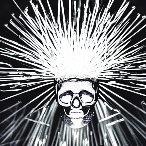 Image similar to a disco skull full of long spikes, reflecting light in a nightclub, grainy film photograph