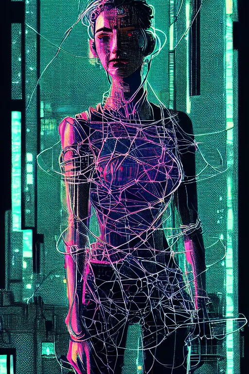 Prompt: dreamy cyberpunk girl, abstract wire clothes, digital nodes, beautiful woman, detailed acrylic, grunge, intricate complexity, by dan mumford and by alberto giacometti, peter lindbergh, zac retz