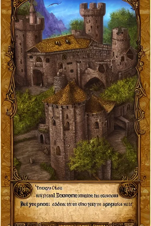 Prompt: dominion eurogame card showing a rustic castle. fantasy deviantart