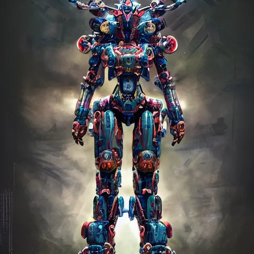 Prompt: spirit shaman power suit mecha. mobile combat suit artillery rococo robot, evangelion, droids, zoids, cyberpunk mechanoid, hyperdetailed illustration by irakli nadar, alexandre ferra, faberge, coral headdress, radiant light, detailed and intricate environment