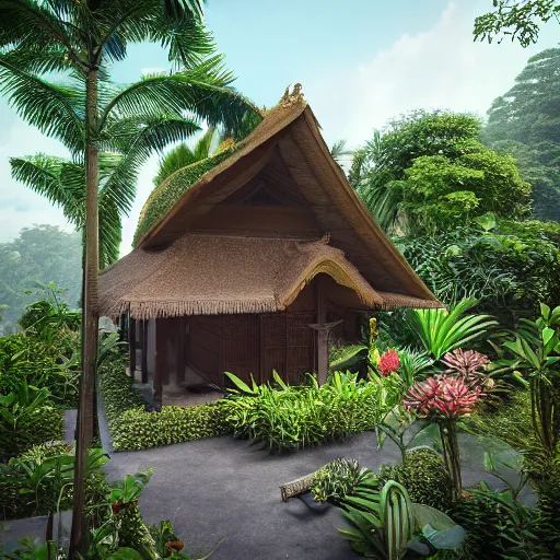 Prompt: a beautiful 3d renderings of a little house in the jungle, Balinese architecture by SOM Architect, Studio Ghibli,. Architectural photography, 14mm, cinematic photography, high resolution 4k, cg architects, vray