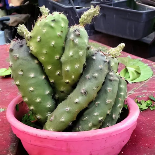 Prompt: nopal growing out of pozole