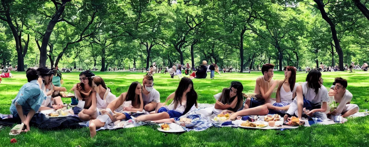 Image similar to a young generation z group of friends having a picnic in a central park manhattan new york on friday mid - summer of 2 0 2 2, in the style of an edward hopper painting