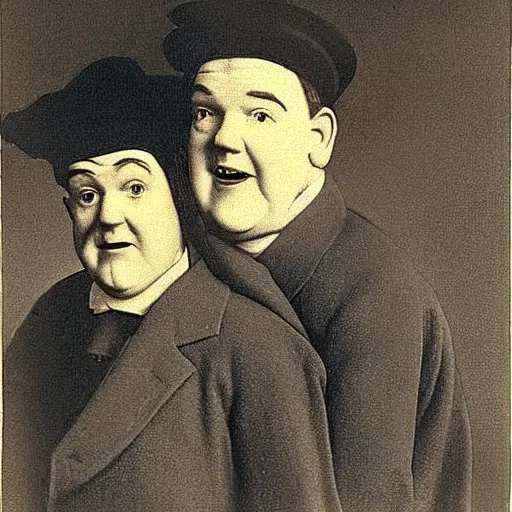 Prompt: high definition portrait of Stan Laurel and Oliver Hardy wearing hats by Rembrandt