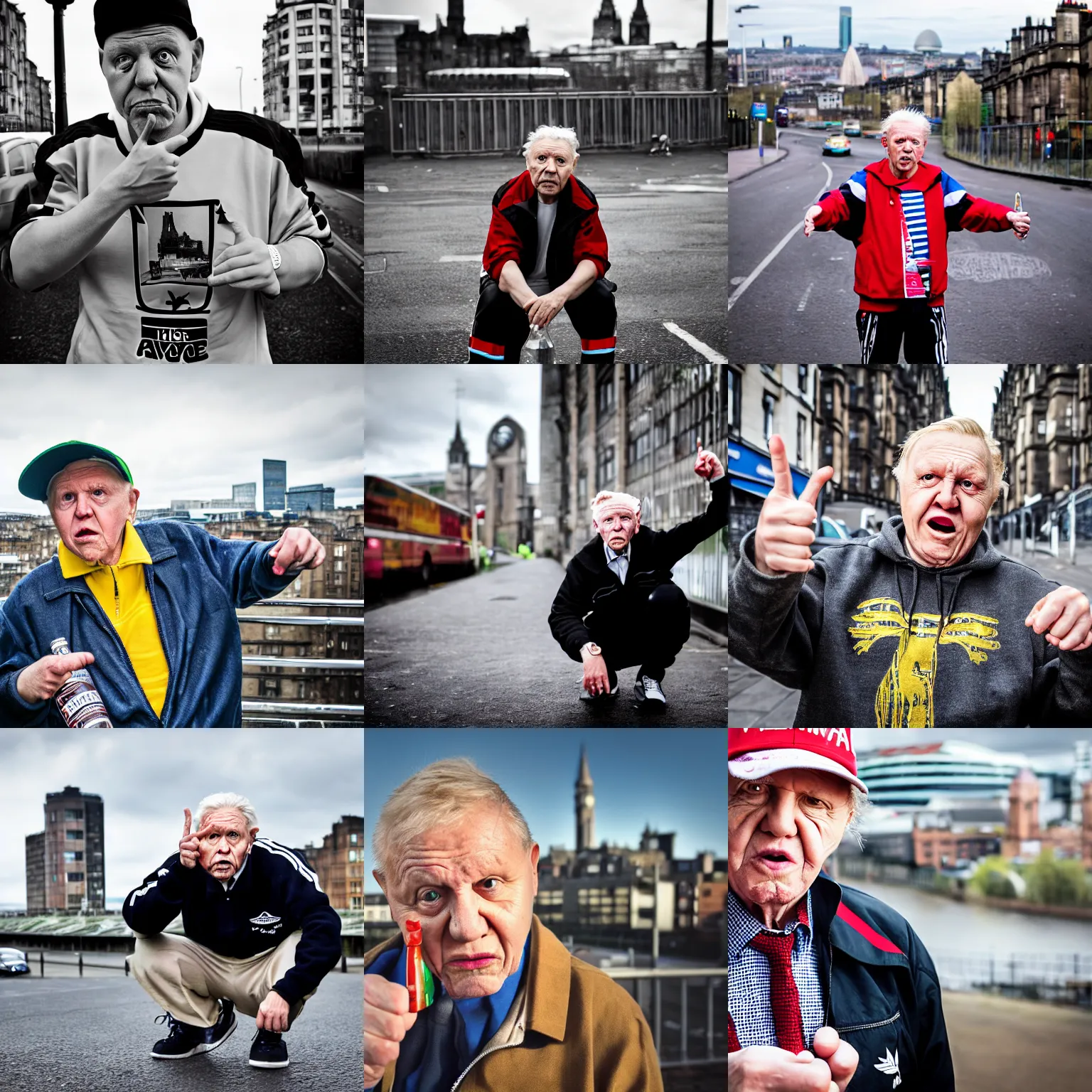 Prompt: cav david attenborough dressed as a chav, addidas, caps sideways, vodka, giving the middle finger, squatting, award winning photograph, street photo, glasgow in background, detailed face, portrait, facial features, 5 5 mm, f / 4, zeiss, interview