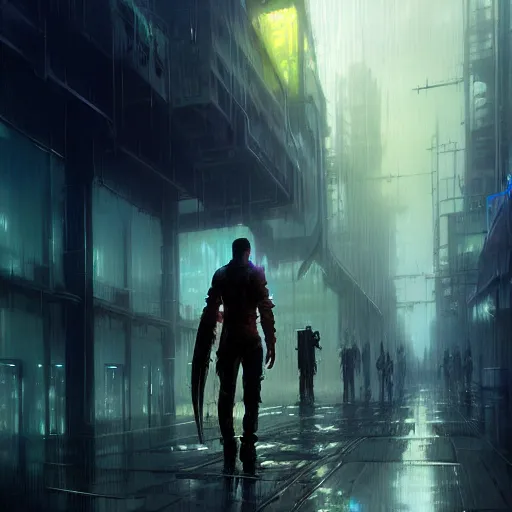 Image similar to an exhausted warrior wandering through a lost cyberpunk city from left to right, rainy day, radiant light, digital painting, art station, by les edwards, by greg rutkowski