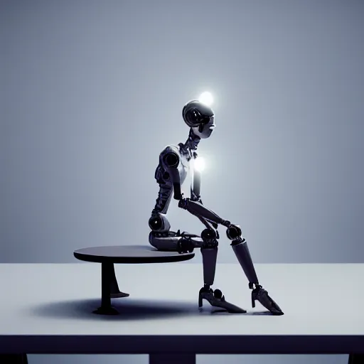 Prompt: award winning Photograph of a disassembled female robot sitting on a metal table, moonlight is shining from the back windows, 300mm lense, wide shot, dust particles, octane render, rim lights , neon signs saying made with stable diffusion . —w 3840 —h 2160