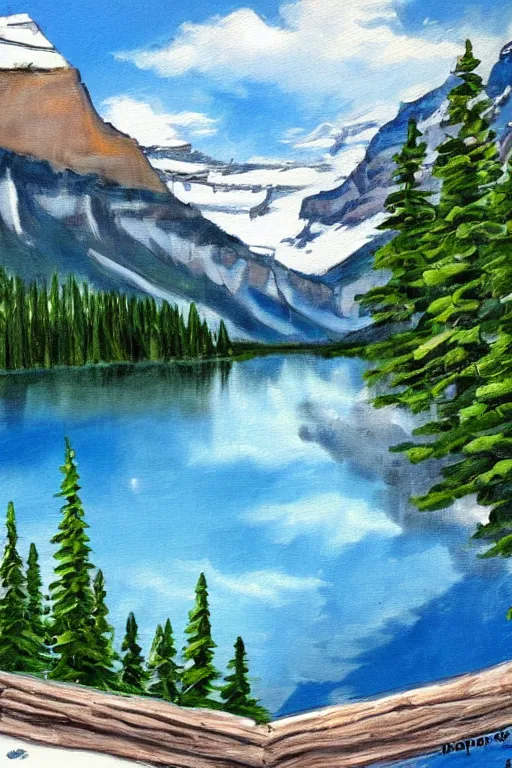 Prompt: bob ross painting of lake louise