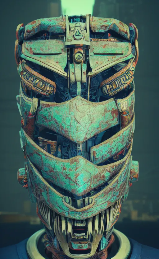 Image similar to cyberpunk tribal mask, robot, japanese pottery, vivid colors, wood, metal, intricate details, trending on cgsociety, concept art, glowing eyes, sharp focus, ultra realistic details, cinematic atmosphere, global illumination, shadows, octane render, 8 k