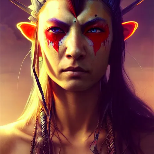 Image similar to portrait painting of a cyberpunk native american elven street samurai, ultra realistic, concept art, intricate details, eerie, highly detailed, photorealistic, octane render, 8 k, unreal engine. art by artgerm and greg rutkowski and charlie bowater and magali villeneuve and alphonse mucha