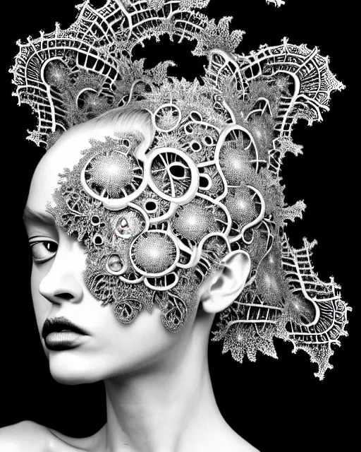 Prompt: surreal black and white photo portrait of complex bio-mechanical beautiful young female vegetal-cyborg with a Mandelbrot fractal metal fine lace face, curled silver hair, 150 mm lens, soft rim light, fine metal floral foliage super big lace collar by Alexander McQueen, high fashion, haute couture, rococo, steampunk, silver filigree details, anatomical, facial muscles, cable wires, microchip, elegant, hyper realistic, octane render, unreal engine, in the style Dora Maar, volumetric lighting, 8k,