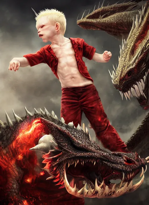 Image similar to albino kid fightings dragon, fluent composition, photograph, red white and black, concept art, ambient light, 4 k, intricate details, highly professionally detailed, cgsociety, highly detailed -