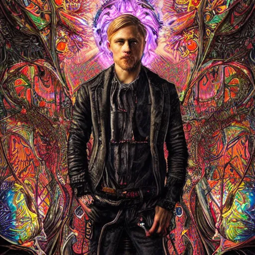 Image similar to portrait of charlie hunnam, hyper detailed masterpiece, neon floral pattern, jean giraud, digital art painting, darkwave goth aesthetic, psychedelic, artgerm, donato giancola and tom bagshaw