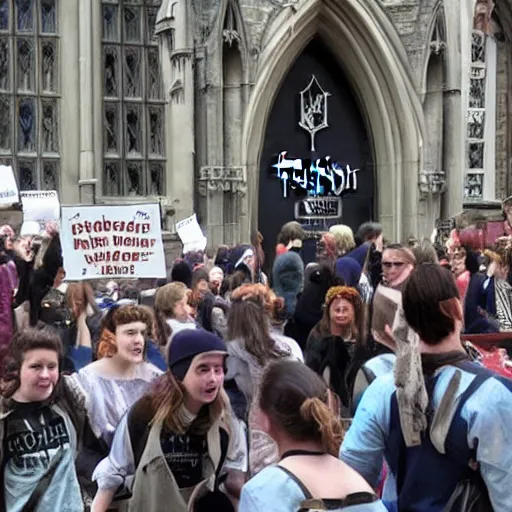 Prompt: Harry Potter protesting in front of Hogwarts