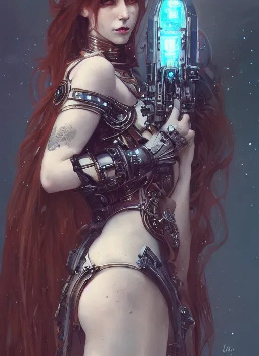 Prompt: portrait of beautiful pale gothic maiden, warhammer 40000, cyberpunk, intricate, elegant, highly detailed, digital painting, artstation, concept art, smooth, sharp focus, illustration, art by artgerm and greg rutkowski and alphonse mucha and Gustav Klimt and Ilya Kuvshinov