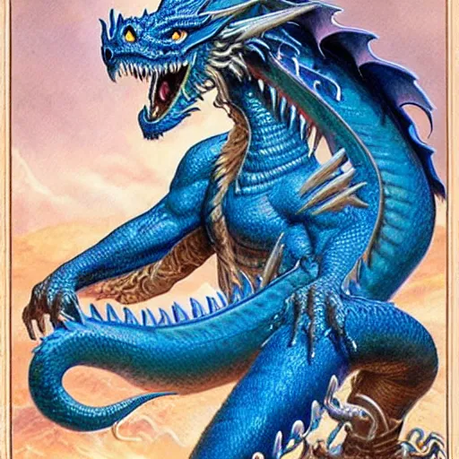 Image similar to half length portrait of a medieval d & d fantasy anthropomorphic blue dragon, d & d rulebook cover art by jeff easley