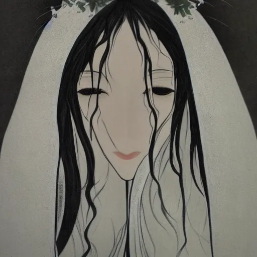 Prompt: yuki onna a girl with a bridal veil covering her face. a tree of white flowers. folk. pastoral. gothic. vibrant.