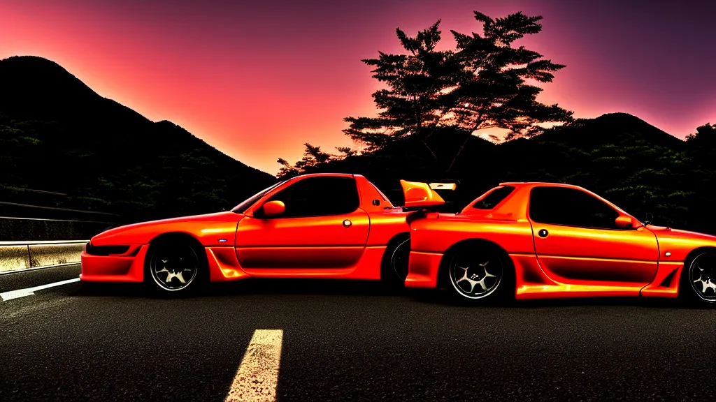 Image similar to a car drift spec mazda fc3s rx7 in middle of road, gunma prefecture, city sunset night, cinematic color, photorealistic, highly detailed