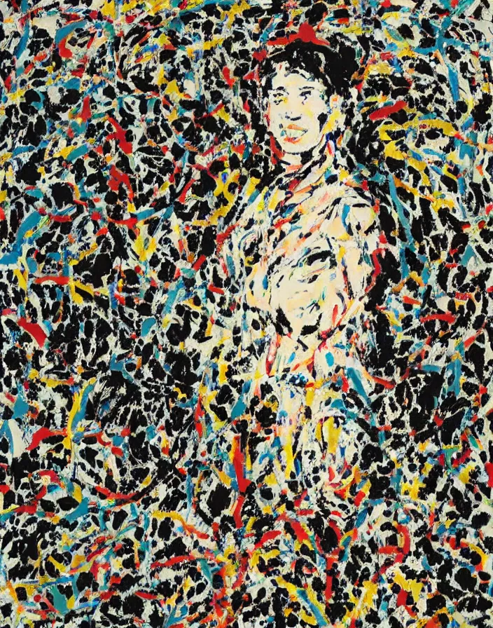 Image similar to a a portrait of Josie Conseco in a scenic environment by Jackson Pollock