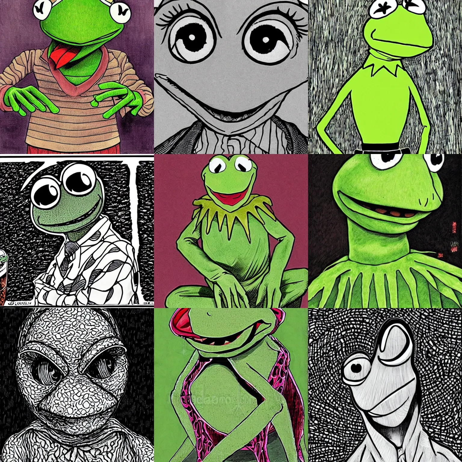Prompt: a portrait of kermit the frog by junji ito