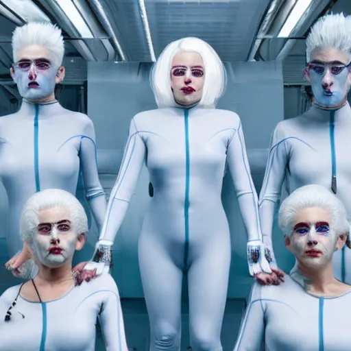 Image similar to troop of freak show women with white hair, white hair, tight light blue neopren suits, futuristic production facility, sci - fi, highly detailed, cinematic