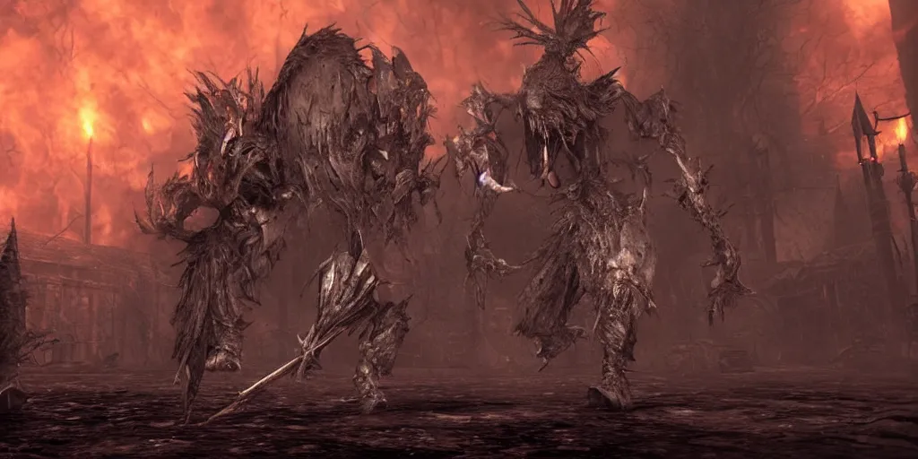 Image similar to minion as a darksouls boss, horror, hd, screenshot,