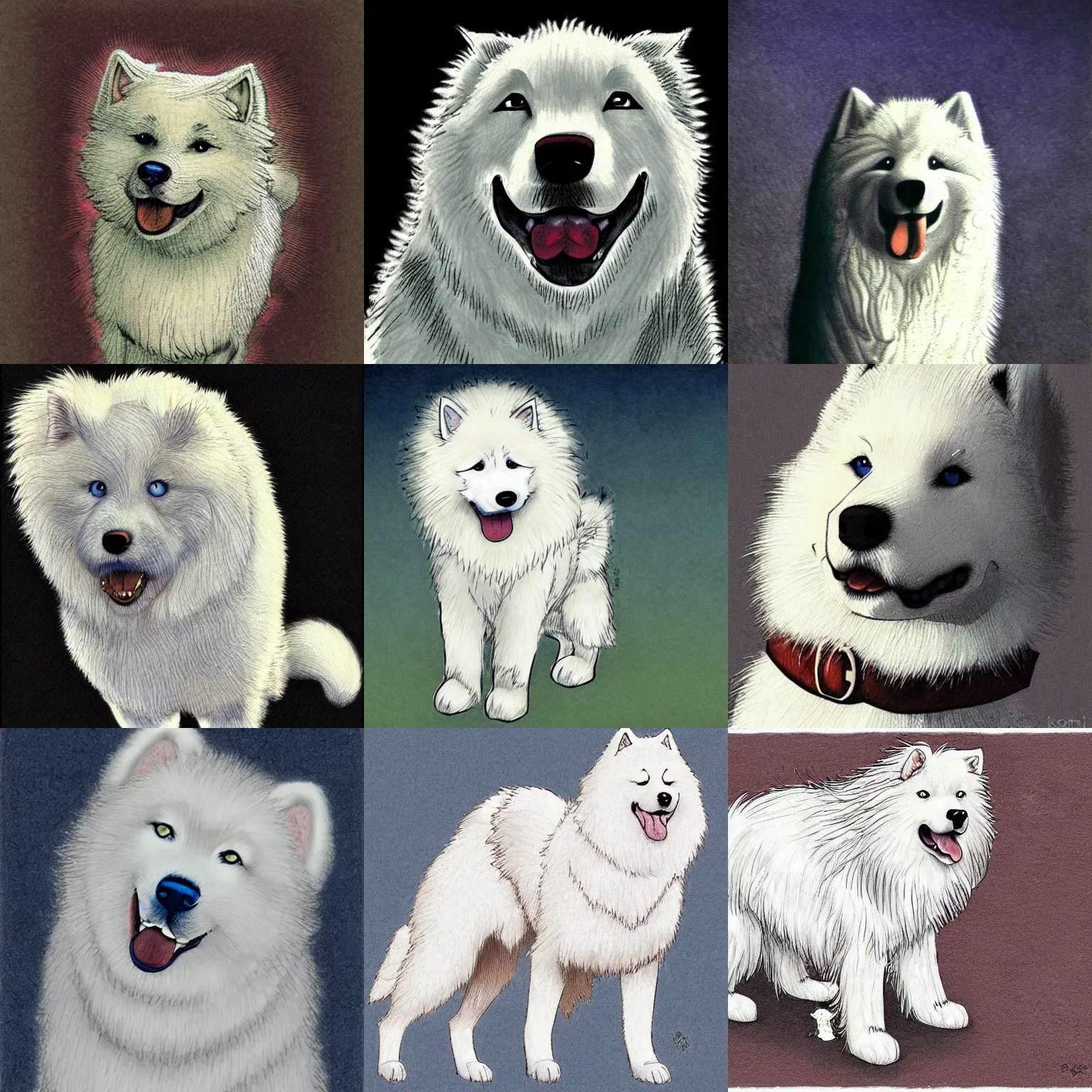 Prompt: samoyed dog, colored, by Kentaro Miura