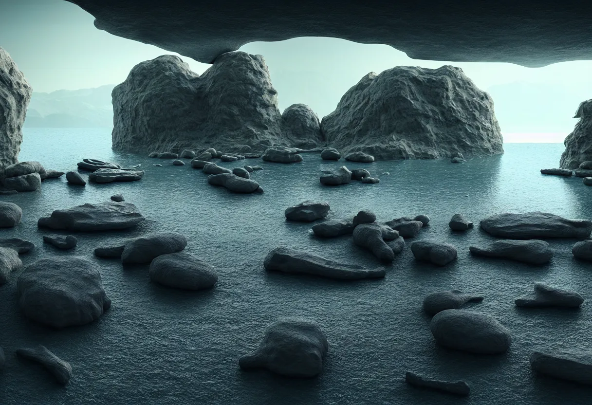 Image similar to inside of alien lake landscape of human mind and imagination, big rocks and pebbles, matte painting, beautiful render, octane render, concept art