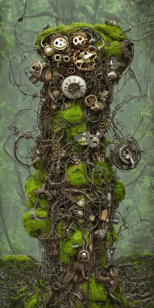 Prompt: a steampunk robot with mushrooms growing out of it's head, intertwined with fungus and vines, overgrown, moss, mycelium, detailed, 4 k, trending in artstation