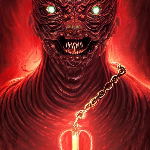 Prompt: hybrid snake, dark angel, demon, satan, red eyes, chain, handcuffs, large chain, wide open mouth, scream, cruelty, light effect, hyper detailed, intricate, elegant, highly detailed, digital painting, artstation, concept art, matte, sharp focus, illustration, by dan mumford, yusuke murata, makoto shinkai, ross tran