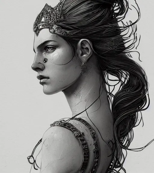 Prompt: aphrodite goddess wearing an arrow on her head, beautiful face, black and white drawing, in the style of greg rutkowski, fantasy, amazing detail, epic, intricate, elegant, smooth, sharp focus