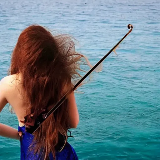 Image similar to a beautiful long - haired mermaid playing the violin in the wide ocean among fish