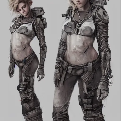 Prompt: tattooed dirty stoic butch heroic emotionless blonde woman computer engineer in tattered dirty flight suit, very short messy hair, highly detailed, digital painting, artstation, concept art, matte, sharp focus, illustration, art by artgerm
