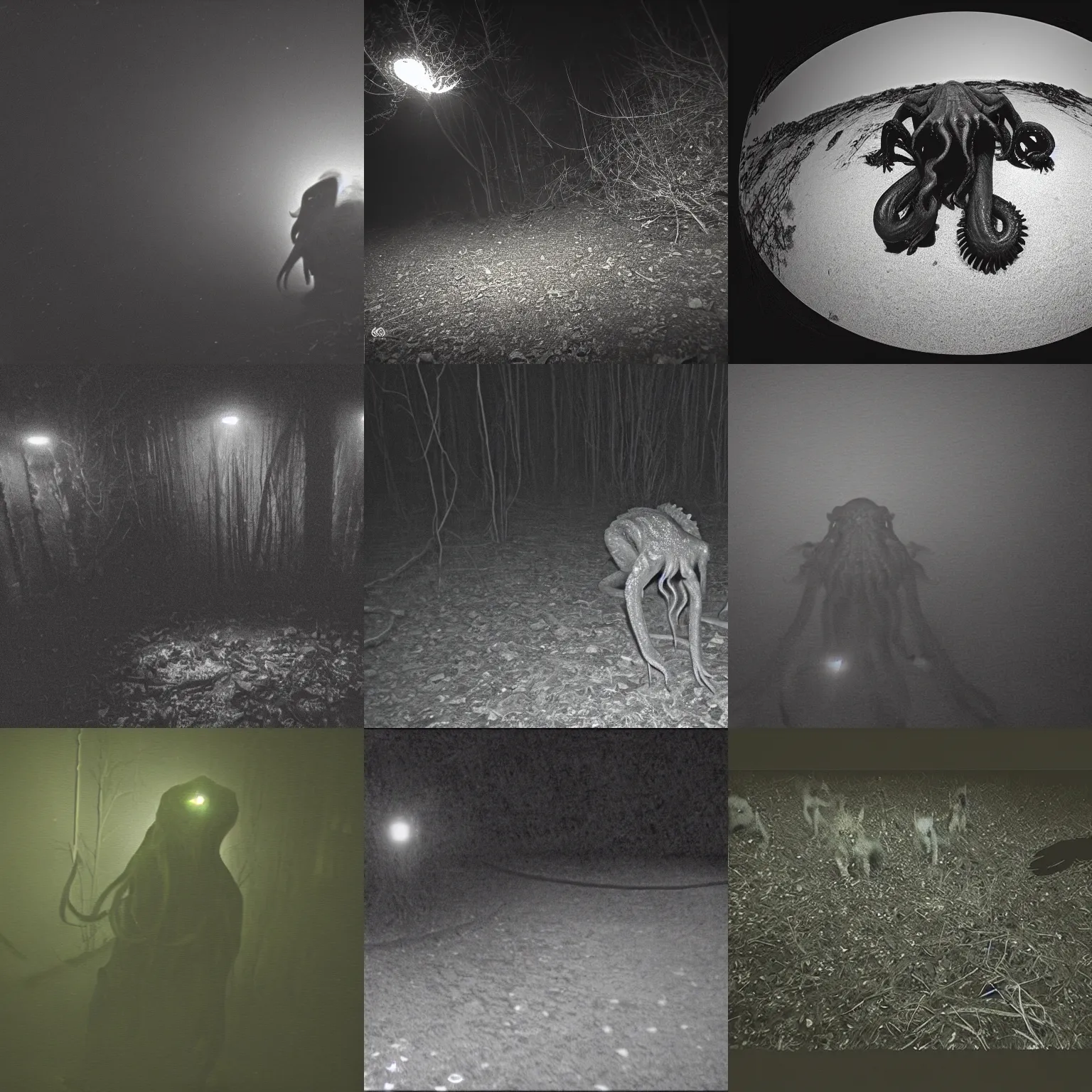 Prompt: Cthulhu cryptid caught on camera, 4k trailcam at night
