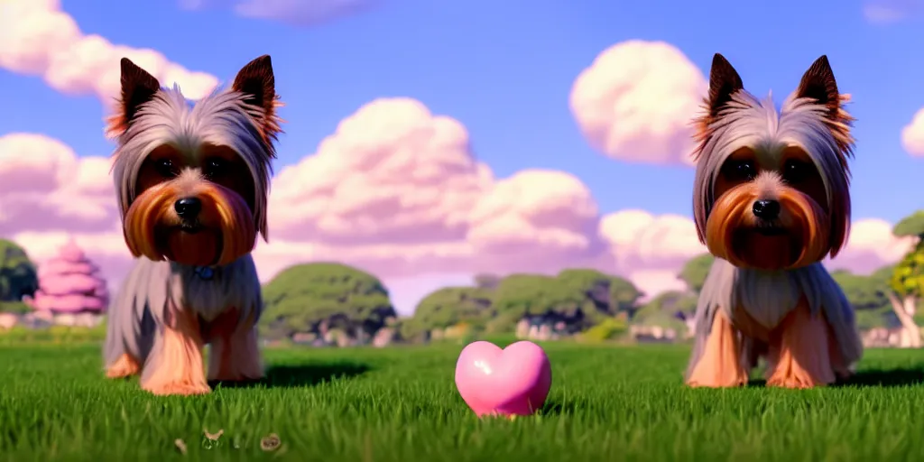 Prompt: a wholesome animation key shot of a brown and ashy short - haired 1 3 - year - old yorkshire terrier with a pink faded collar with five glass stars, studio ghibli, pixar and disney animation, sharp, rendered in unreal engine 5, anime key art by greg rutkowski, bloom, dramatic lighting