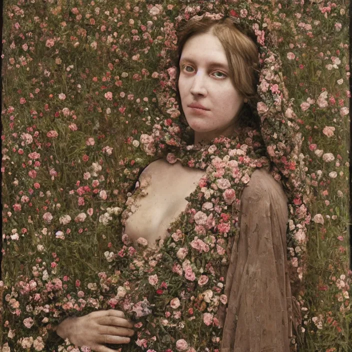 Prompt: a closeup portrait of a woman wearing a cloak made of plastic an mud, in an infinite landscape of flowers, photograph by vincent desiderio, canon eos c 3 0 0, ƒ 1. 8, 3 5 mm, 8 k, medium - format print