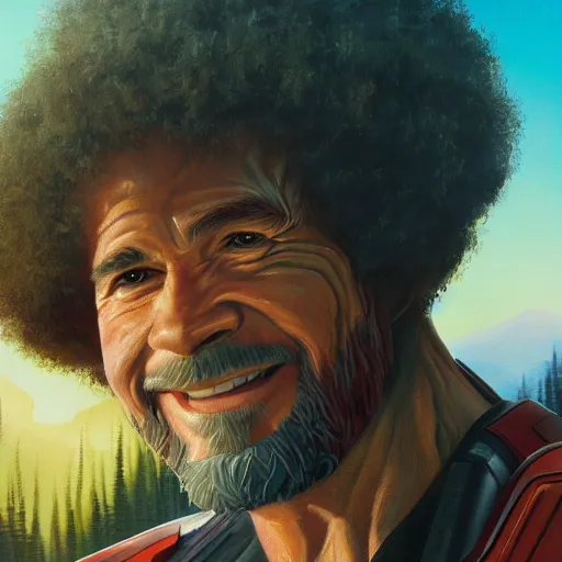 Image similar to a closeup photorealistic photograph of bob ross holding a paintbrush and diligently finishing a canvas painting of iron man. mountains and trees. film still. brightly lit scene. this 4 k hd image is trending on artstation, featured on behance, well - rendered, extra crisp, features intricate detail, epic composition and the style of unreal engine.