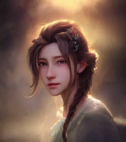 Prompt: beautiful aerith gainsborough, face centered portrait, cottagecore, confident, fog, rain, volumetric lighting, soft light particles floating near her, rim light, beautiful, golden hour, sharp focus, ultra detailed, cgsociety by krenz cushart and wenjun lin