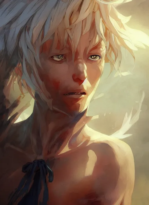 Image similar to concept art painting of a tan person with short white hair, demon horns, white freckles, and blue robes, detailed, cel shaded, in the style of ruan jia and artgerm and makoto shinkai and james gurney