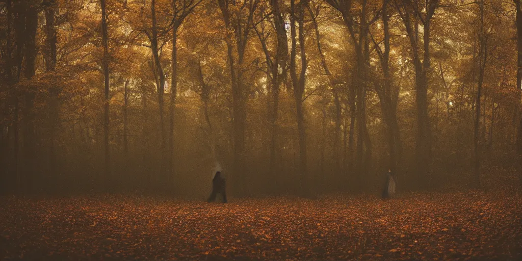 Image similar to a white female ghost in a ominous forest, autumn, 35mm, cinematic atmosphere, mist, photorealistic, depth of field, gloomy