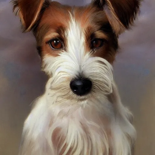 Prompt: a high quality painting of a very cute scruffy wire haired jack russell terrier puppy, white with chocolate brown spots, brown patches over both eyes. friendly, curious expression. painting by artgerm and greg rutkowski and alphonse mucha