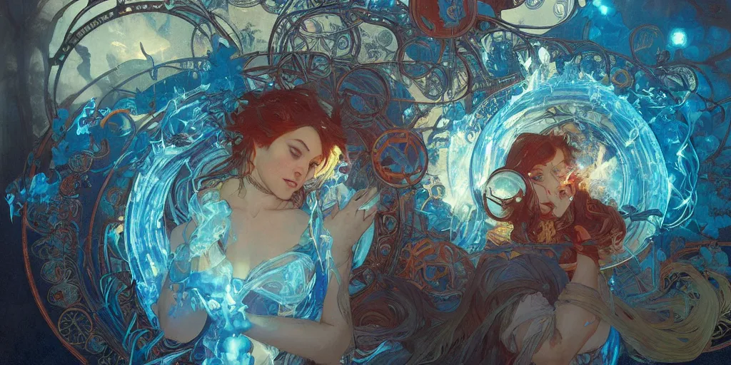 Image similar to arcs of blue flame intertwined with water, glinting particles of ice, dramatic lighting, steampunk, bright neon, holographic secret cyphers, red flowers, solar flares, intricate art by alphonse mucha and greg rutkowski